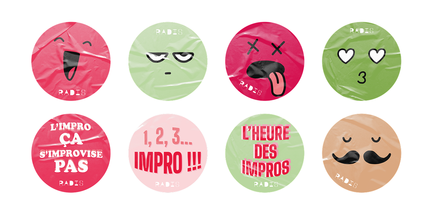 Stickers de formes rondes déclinant l'identité du Radis