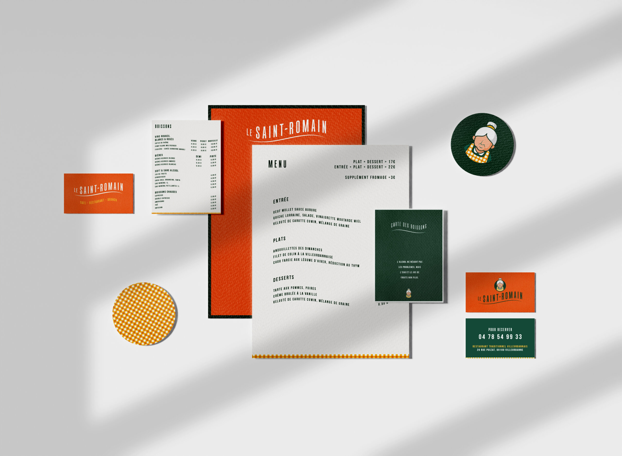 Supports print branding Le Saint-Romain — menu et carte de visite